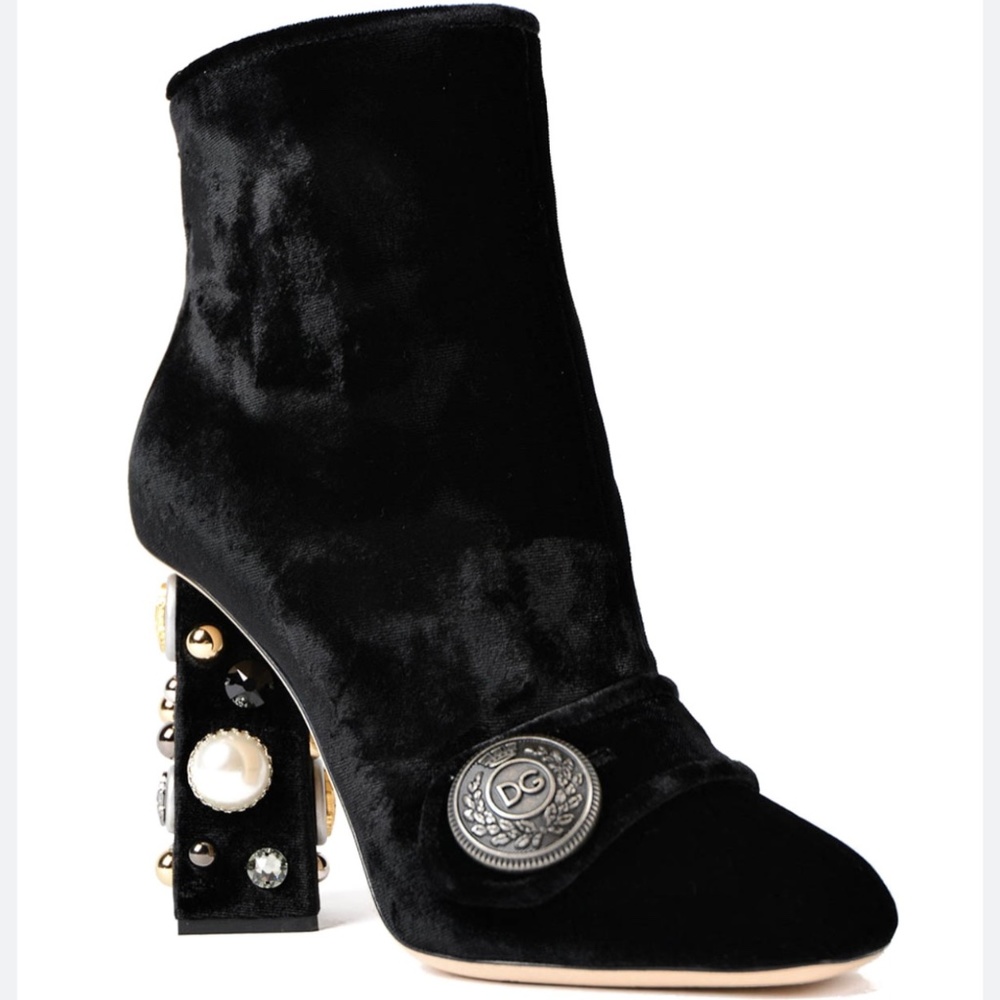 DOLCE & GABBANA JEWELED HEEL VELVET BOOTIES -Women's EU Size 39 1/2 -US 8 1/2